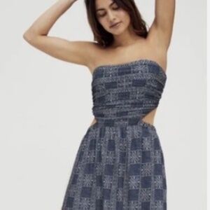 Free People Women Payton Maxi Dress Strapless Blue Printed Dress Size X-Large